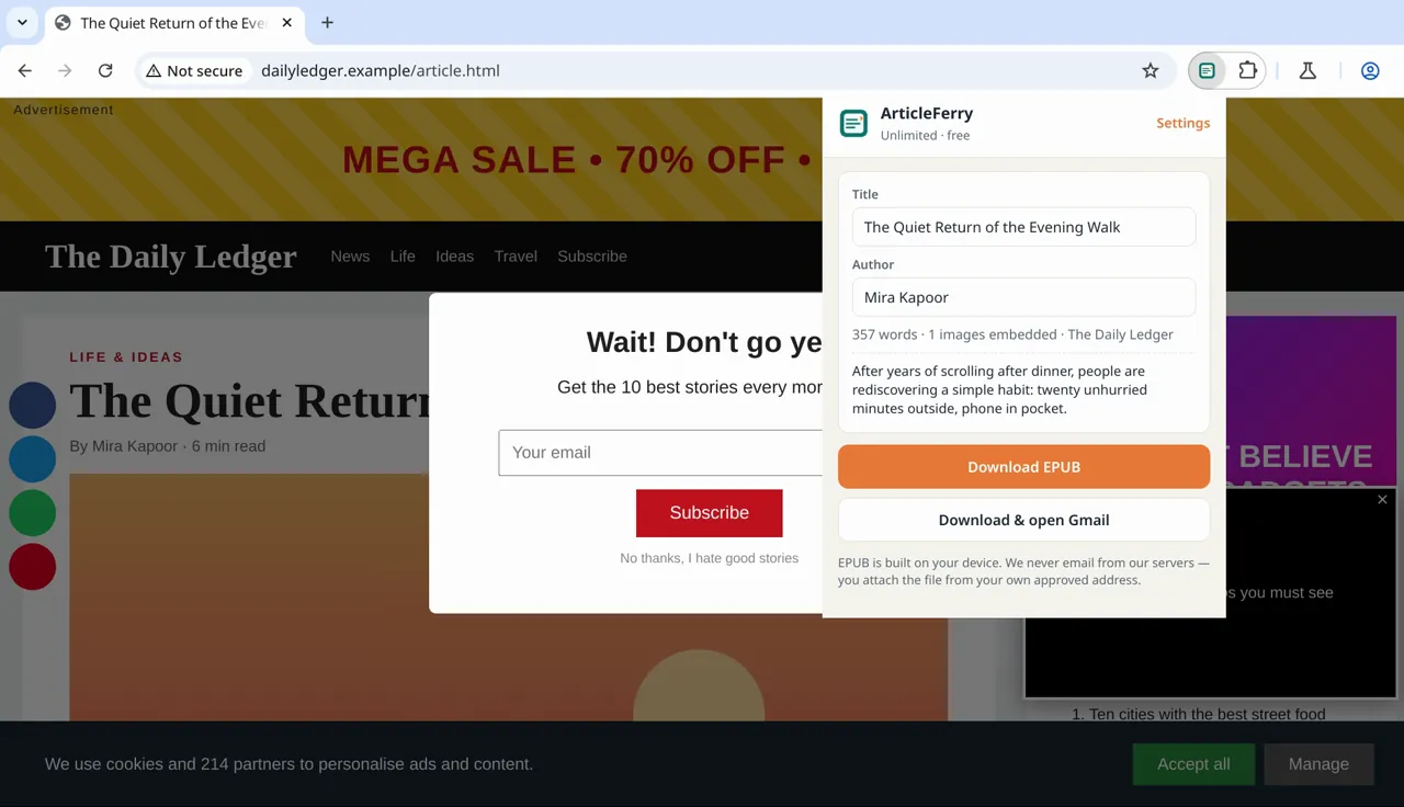 ArticleFerry popup over a cluttered news page, showing the article title, author and a Download EPUB button